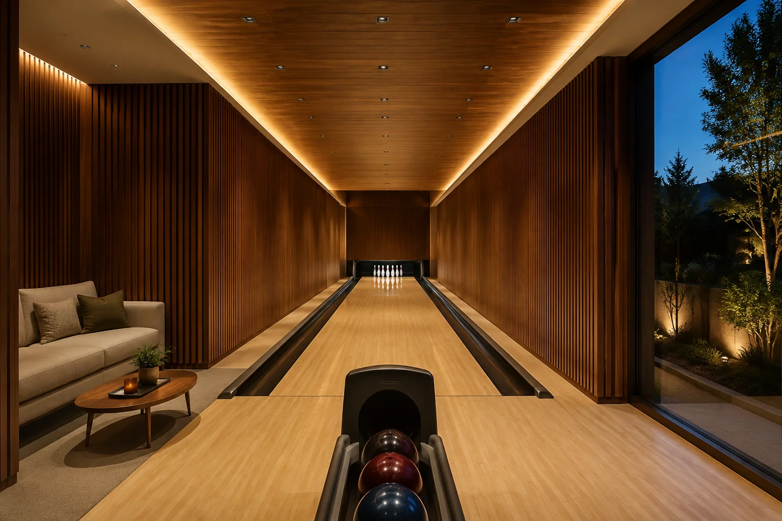 A warmly lit private bowling lane with a timber ceiling, lounge seating, and garden views at dusk